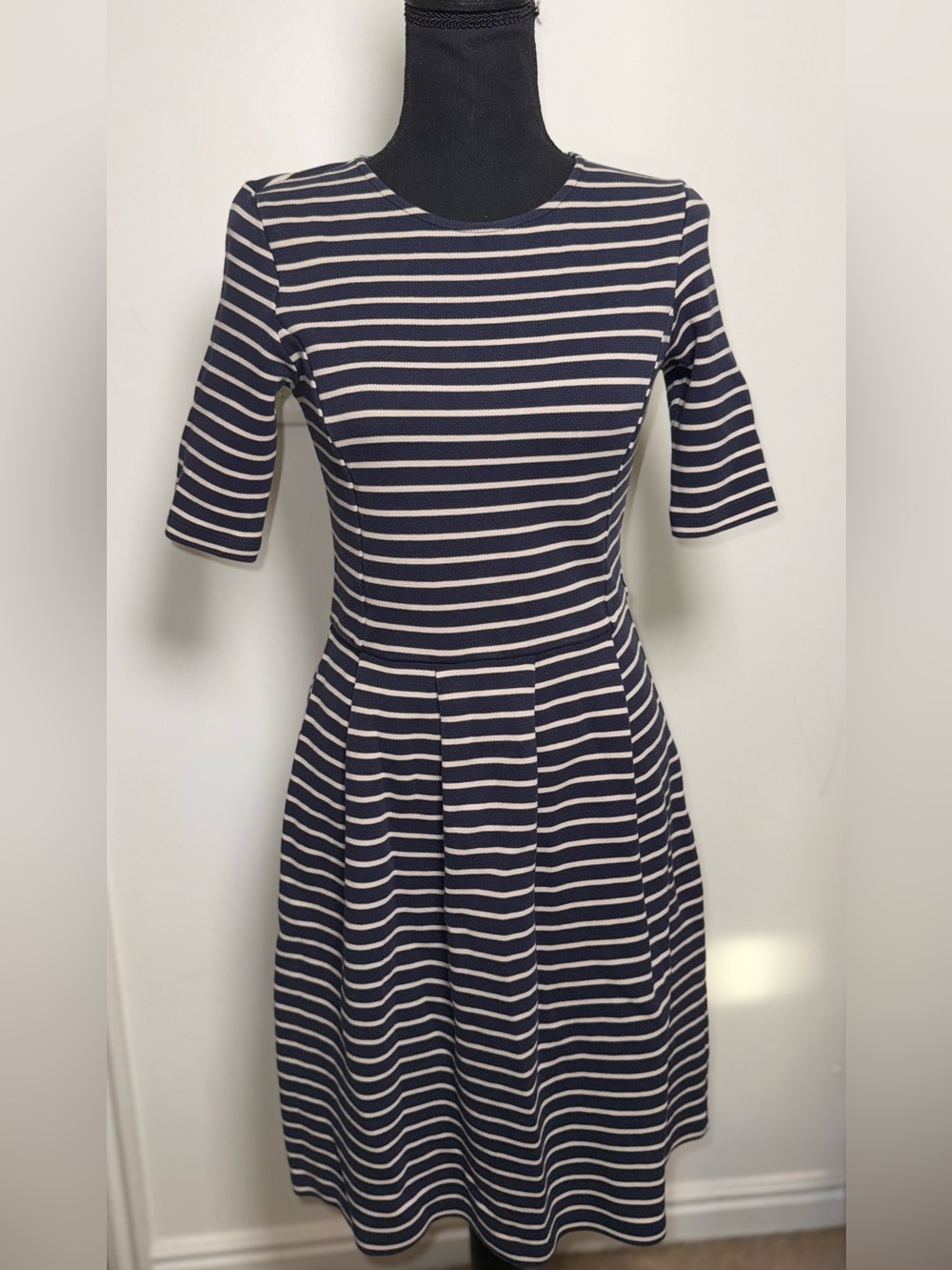 Hobbs London Navy Cream Striped Heavy Cotton Fit and Flare Dress US 4